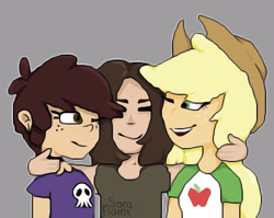 Size: 3464x2756 | Tagged: safe, artist:saraflamx, imported from derpibooru, applejack, human, equestria girls, freckles, gray background, group hug, hat, high res, hug, luna loud, medibang paint, one eye closed, self insert, simple background, the loud house, wink