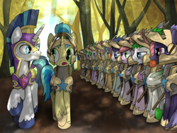 Size: 4000x3000 | Tagged: safe, artist:flaremoon, imported from derpibooru, shining armor, oc, oc:mercury haze, oc:mint wellington, oc:night glow, oc:shooting star (r&f), butterfly, earth pony, kirin, pegasus, pony, sphinx, unicorn, apple, armor, butterfly on nose, female, food, forest, guard, guardsmare, helmet, insect on nose, male, mare, mouth hold, royal guard, sleepy, sphinx oc, stallion, wavy mouth