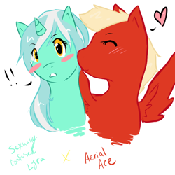 Size: 1024x1024 | Tagged: safe, artist:movetothemusic, imported from derpibooru, lyra heartstrings, oc, oc:aerial ace, pegasus, pony, blushing, female, kissing, mare, sexually confused lyra