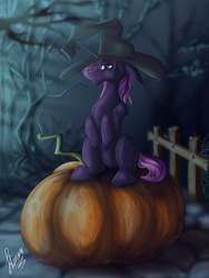 Size: 3000x4000 | Tagged: safe, artist:stirren, imported from derpibooru, oc, oc only, pony, unicorn, commission, cute, female, fence, halloween, hat, holiday, looking at you, multislot, pumpkin, sitting, solo, witch hat, ych result, your character here