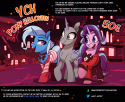 Size: 2500x2044 | Tagged: safe, artist:light262, imported from derpibooru, starlight glimmer, trixie, pony, unicorn, angel dust (hazbin hotel), charlie morningstar, clothes, costume, eye clipping through hair, female, halloween, halloween costume, hazbin hotel, hell, high res, holiday, horn, mare, open mouth, open smile, ponyville, smiling, wings, ych example, your character here