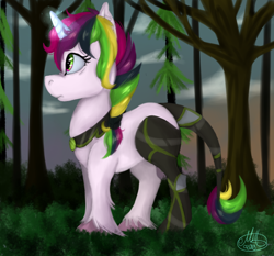 Size: 900x840 | Tagged: safe, artist:millefaller, imported from derpibooru, oc, oc only, pony, unicorn, amputee, eyelashes, female, forest, glowing, glowing horn, horn, mare, outdoors, peytral, prosthetic leg, prosthetic limb, prosthetics, signature, solo, tree, unicorn oc, unshorn fetlocks