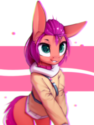 Size: 858x1144 | Tagged: safe, artist:justafallingstar, imported from derpibooru, sunny starscout, earth pony, semi-anthro, abstract background, bag, bust, clothes, colored sketch, cute, female, g5, grin, hoodie, jacket, looking at you, mare, my little pony: a new generation, portrait, sketch, smiling, solo, sunnybetes