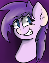 Size: 568x725 | Tagged: safe, artist:tranzmuteproductions, imported from derpibooru, oc, oc only, oc:purple roselyn, earth pony, pony, bust, earth pony oc, eye clipping through hair, eyelashes, female, gradient background, grin, mare, smiling, solo