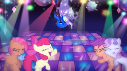 Size: 800x451 | Tagged: safe, edit, editor:undeadponysoldier, imported from ponybooru, apple bloom, babs seed, scootaloo, spike, sweetie belle, dragon, earth pony, pegasus, pony, unicorn, series:spikebob scalepants, badass, cape, clothes, cutie mark crusaders, dance floor, dancing, disco ball, epic, eyes closed, female, filly, goofy goober rock, guitar, hat, majestic as fuck, male, musical instrument, ponified scene, rocking out, smiling, spongebob squarepants, spotlight, the spongebob squarepants movie, tiled floor, tiles, trixie's cape, trixie's hat