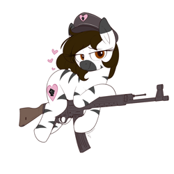 Size: 4000x4000 | Tagged: safe, anonymous editor, artist:shinodage, edit, imported from ponybooru, oc, oc:white chocolate, earth pony, pony, alternate cutie mark, assault rifle, blushing, eye color change, gun, hair color edit, heart, image, looking at you, png, rifle, simple background, smiling, solo, stg 44, striped, unauthorized edit, weapon, white background