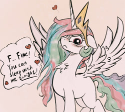 Size: 1280x1153 | Tagged: safe, artist:kqaii, imported from derpibooru, princess celestia, alicorn, pony, blushing, chest fluff, cute, cutelestia, dialogue, embarrassed, female, floppy ears, frown, glare, heart, looking at you, mare, neck fluff, simple background, solo, speech bubble, spread wings, stuttering, talking to viewer, tan background, tsundere, wing fluff, wings