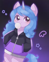 Size: 1650x2048 | Tagged: safe, artist:ginmaruxx, imported from derpibooru, izzy moonbow, pony, unicorn, bipedal, blushing, bubblegum, clothes, cute, food, g5, gum, izzybetes, my little pony: a new generation, simple background, solo