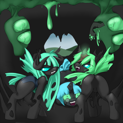 Size: 1000x1000 | Tagged: safe, artist:lavenderrose, imported from derpibooru, oc, oc only, changeling, cave, changeling oc, face down ass up, featureless crotch, monocle, slime, smiling