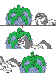 Size: 1290x1698 | Tagged: safe, artist:anonymous, imported from ponybooru, oc, oc only, oc:anon, oc:the abominable snowmare, earth pony, fish, human, 1000 hours in ms paint, 3 panel comic, comic, exclamation point, female, mare, simple background, sleeping, snowpony (species), stealing, taiga pony, white background, yakutian horse