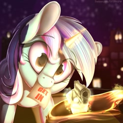 Size: 1055x1056 | Tagged: safe, artist:to_fat_to_fly, lyra heartstrings, pony, unicorn, bag, female, get in the bag, gun, halloween, hand, handgun, head tilt, holiday, horn, magic, magic hands, mare, mouth hold, night, nightmare night, note, solo, telekinesis, weapon