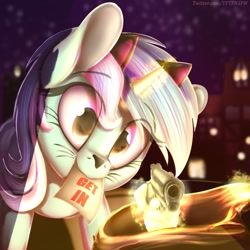 Size: 1055x1056 | Tagged: safe, alternate version, artist:to_fat_to_fly, lyra heartstrings, pony, unicorn, bag, cat ears, clothes, costume, face paint, female, get in the bag, gun, halloween, hand, handgun, head tilt, holiday, horn, magic, magic hands, mare, mouth hold, night, nightmare night, note, solo, telekinesis, weapon