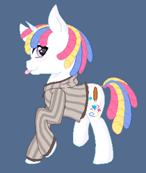 Size: 322x384 | Tagged: safe, artist:mana minori, imported from derpibooru, oc, oc only, pony, unicorn, clothes, colt, cute, design, hip, male, mane, paintbrush, rainbow, solo, stripes, sweater, tail, tongue out