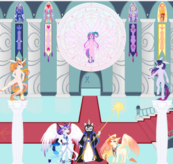 Size: 1826x1734 | Tagged: safe, artist:mana minori, imported from derpibooru, princess celestia, princess luna, star dreams, twilight sparkle, horse, pony, semi-anthro, banners, bipedal, cardcaptor, carpet, cherry blossoms, flower, flower blossom, kerberos, magic, pillar, staff, stairs, wings, yue