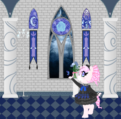 Size: 1264x1240 | Tagged: safe, artist:mana minori, imported from derpibooru, anthro, pony, black, blue, castle, clothes, curls, dress, flower, gothic, lolita fashion, moi meme moitie, moitie, pillar, pink, rose, swirls