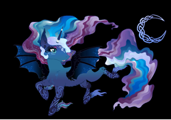 Size: 1206x851 | Tagged: safe, artist:mana minori, imported from derpibooru, princess luna, bat, pony, black, black background, blue, moon, night, simple background, solo, style, wings