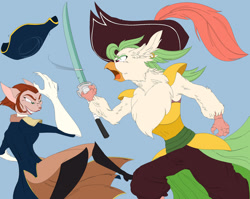 Size: 1280x1021 | Tagged: safe, artist:mana minori, imported from derpibooru, captain celaeno, cat, parrot pirates, captain, captain amelia, crossover, cutlass, duel, fight, pirate, sword, treasure planet, weapon