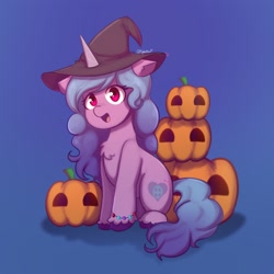 Size: 1920x1920 | Tagged: safe, alternate version, artist:splatturp, imported from derpibooru, izzy moonbow, pony, unicorn, backwards cutie mark, bracelet, chest fluff, g5, halloween, hat, holiday, jewelry, my little pony: a new generation, open mouth, pumpkin, solo, witch hat