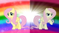 Size: 5360x3008 | Tagged: safe, artist:andoanimalia, imported from derpibooru, fluttershy, mean fluttershy, pegasus, pony, the mean 6, clone, cute, detailed background, duo, duo female, evil grin, female, grin, looking at you, mare, messy mane, rainbow background, shyabetes, smiling, sparkles