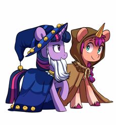 Size: 2560x2791 | Tagged: safe, artist:chub-wub, imported from derpibooru, part of a set, sunny starscout, twilight sparkle, alicorn, earth pony, pony, unicorn, clothes, clover the clever's cloak, coat markings, costume, duo, g5, halloween, halloween costume, high res, holiday, my little pony: a new generation, simple background, socks (coat markings), star swirl the bearded costume, sunny and her heroine, twilight sparkle (alicorn), white background