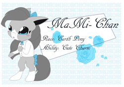 Size: 1280x894 | Tagged: safe, artist:mana minori, imported from derpibooru, oc, oc only, oc:mami-chan, earth pony, pony, bipedal, bow, coat markings, cute, g1, gray, japanese, socks (coat markings), solo, stylized, takara, takara pony