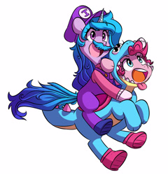 Size: 2683x2791 | Tagged: safe, artist:chub-wub, imported from derpibooru, part of a set, izzy moonbow, pinkie pie, earth pony, pony, unicorn, yoshi, clothes, costume, cute, diapinkes, duo, g4, g5, halloween, halloween costume, high res, holiday, izzybetes, kigurumi, mario, my little pony: a new generation, open mouth, open smile, ponies riding ponies, riding, riding a pony, simple background, smiling, starry eyes, super mario bros., white background, wingding eyes