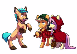 Size: 3947x2791 | Tagged: safe, artist:chub-wub, imported from derpibooru, part of a set, applejack, fluttershy, hitch trailblazer, earth pony, pegasus, pony, unicorn, werewolf, animal costume, big bad wolf, clothes, costume, freckles, g4, g5, halloween, halloween costume, high res, holiday, little red riding hood, lumberjack, my little pony: a new generation, open mouth, rearing, simple background, trio, white background, wolf costume