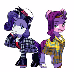 Size: 2851x2791 | Tagged: safe, artist:chub-wub, imported from derpibooru, part of a set, pipp petals, rarity, pegasus, pony, unicorn, cher horowitz, clothes, clueless, costume, dionne davenport, duo, female, g4, g5, halloween, halloween costume, high res, holiday, my little pony: a new generation, open mouth, pipp and her heroine, simple background, white background