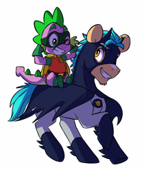 Size: 2307x2791 | Tagged: safe, artist:chub-wub, imported from derpibooru, part of a set, hitch trailblazer, spike, dragon, earth pony, pony, batman, clothes, costume, duo, g4, g5, halloween, halloween costume, high res, holiday, male, my little pony: a new generation, open mouth, robin, simple background, stallion, white background