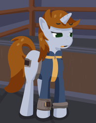 Size: 837x1073 | Tagged: safe, artist:toshimatsu, derpibooru exclusive, imported from derpibooru, oc, oc:littlepip, pony, unicorn, fallout equestria, clothes, fanfic, fanfic art, female, hooves, horn, jumpsuit, mare, pipbuck, raised eyebrow, solo, tail, vault suit