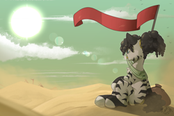 Size: 3444x2304 | Tagged: safe, artist:beardie, imported from derpibooru, oc, oc:zu'hra, zebra, desert, flag, high res, melancholy, ruins, sitting against flagpole, zebra oc