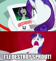 Size: 500x549 | Tagged: safe, artist:mlpfan3991, edit, edited screencap, imported from derpibooru, screencap, rarity, sprout cloverleaf, pony, unicorn, ponyville confidential, season 2, spoiler:my little pony: a new generation, a worse ending for sprout, crossing the memes, evil, evil rarity, female, g4, g5, g5 to g4, glowing, glowing horn, horn, i'll destroy her, insulted, meme, my little pony: a new generation, newspaper, possessed, reaction, reaction image, reaction to own portrayal, red eyes, revenge, sharp teeth, solo, sprout gets what's coming to him, sproutity, teeth, this will end in pain and/or tears