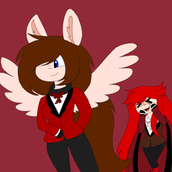 Size: 2343x2343 | Tagged: safe, artist:circuspaparazzi5678, artist:senpai-breanna5678, imported from derpibooru, oc, oc only, oc:breanna, human, black butler, bowtie, clothes, eared humanization, grell sutcliff, high res, humanized, kuroshitsuji, ponied up, pony ears, scarf, uniform, winged humanization, wings