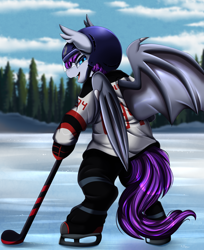 Size: 2932x3599 | Tagged: safe, artist:pridark, imported from derpibooru, oc, oc only, oc:nebulous (bat), bat pony, semi-anthro, bat pony oc, bat wings, commission, helmet, high res, hockey, ice skates, ice skating, outdoors, solo, sports, wings