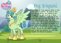 Size: 1280x893 | Tagged: safe, artist:aleximusprime, imported from derpibooru, oc, oc:king kriegspiel, alicorn, pony, flurry heart's story, alicorn oc, bio card, cozy glow's father, crown, dream of alicornication, hoof shoes, horn, jewelry, male, regalia, stallion, wings