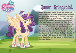 Size: 1280x893 | Tagged: safe, artist:aleximusprime, imported from derpibooru, oc, oc:queen kriegspiel, alicorn, pony, flurry heart's story, alicorn oc, bio card, cozy glow's mother, crown, dream of alicornication, female, hoof shoes, horn, jewelry, open mouth, regalia, wings