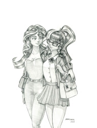 Size: 1000x1309 | Tagged: safe, artist:baron engel, imported from derpibooru, sci-twi, sunset shimmer, twilight sparkle, equestria girls, breasts, busty sunset shimmer, clothes, duo, female, glasses, grayscale, monochrome, pants, pencil drawing, purse, shoulder bag, signature, skirt, traditional art