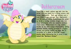 Size: 1280x893 | Tagged: safe, artist:aleximusprime, imported from derpibooru, oc, oc:buttercream, oc:buttercream the dragon, dragon, flurry heart's story, belly, big belly, bio card, cheerful, cute, dragon oc, dragon wings, dragoness, excited, fat, female, flurry hearts story, happy, heart shaped, one eye closed, open mouth, solo, thick, wings