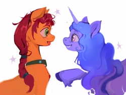 Size: 2436x1833 | Tagged: safe, artist:gingerrey, imported from derpibooru, izzy moonbow, sunny starscout, earth pony, pony, unicorn, duo, g5, looking at each other, my little pony: a new generation, simple background, smiling, smiling at each other, staring at each other, stars, white background