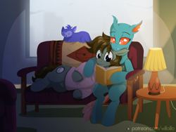 Size: 1600x1200 | Tagged: safe, artist:willoillo, imported from derpibooru, oc, changeling, earth pony, pony, whirling mungtooth, book, changeling oc, clothes, commission, couch, earth pony oc, lamp, rain, sweater, window