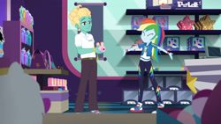 Size: 3410x1920 | Tagged: safe, imported from derpibooru, screencap, rainbow dash, zephyr breeze, equestria girls, equestria girls series, holidays unwrapped, spoiler:eqg series (season 2), camera, clothes, converse, cutie mark, cutie mark on clothes, dashing through the mall, eyes closed, female, geode of super speed, high res, hoodie, jewelry, magical geodes, male, necklace, shoes, smiling, sneakers