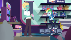 Size: 3410x1920 | Tagged: safe, imported from derpibooru, screencap, rainbow dash, zephyr breeze, equestria girls, equestria girls series, holidays unwrapped, spoiler:eqg series (season 2), camera, clothes, converse, cutie mark, cutie mark on clothes, dashing through the mall, female, geode of super speed, high res, hoodie, jewelry, magical geodes, male, necklace, shoes, smiling, sneakers