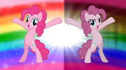 Size: 5360x3008 | Tagged: safe, artist:andoanimalia, imported from derpibooru, mean pinkie pie, pinkie pie, earth pony, pony, the mean 6, bipedal, clone, detailed background, duo, duo female, female, looking at you, mare, messy mane, open mouth, rainbow background, sparkles, y pose