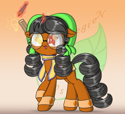 Size: 2304x2112 | Tagged: safe, artist:neige de printdemps, imported from derpibooru, oc, oc only, oc:neige de printdemps, oc:révisonelle, pony, unicorn, clothes, female, floppy ears, glasses, glowing, glowing horn, gradient background, high res, horn, levitation, lightbulb, magic, magic aura, open mouth, open smile, pencil, pencil drawing, scarf, smiling, solo, starry eyes, telekinesis, traditional art, unicorn oc, walking, wingding eyes