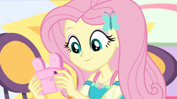 Size: 3410x1920 | Tagged: safe, imported from derpibooru, screencap, fluttershy, equestria girls, equestria girls series, holidays unwrapped, spoiler:eqg series (season 2), camera, dashing through the mall, female, geode of fauna, hairpin, high res, jewelry, magical geodes, necklace, smiling, solo