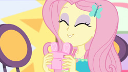 Size: 3410x1920 | Tagged: safe, imported from derpibooru, screencap, fluttershy, equestria girls, equestria girls series, holidays unwrapped, spoiler:eqg series (season 2), camera, cute, dashing through the mall, eyes closed, female, geode of fauna, hairpin, high res, jewelry, magical geodes, necklace, shyabetes, smiling, solo