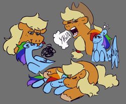 Size: 1280x1049 | Tagged: safe, artist:tezzbot, imported from derpibooru, applejack, rainbow dash, earth pony, pegasus, pony, appledash, cuddling, female, gray background, lesbian, mare, neck nuzzle, shipping, simple background, size difference, sleeping, yawn