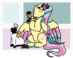 Size: 1345x1069 | Tagged: safe, artist:lieutenantcactus, imported from derpibooru, fluttershy, bat, cat, pegasus, pony, snake, spider, angel costume, bow, clothes, colored hooves, costume, female, hair bow, hat, mare, necktie, solo