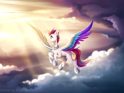 Size: 4096x3072 | Tagged: safe, artist:buvanybu, imported from derpibooru, zipp storm, pegasus, pony, spoiler:my little pony: a new generation, cloud, crepuscular rays, female, flying, g5, high res, hoof shoes, mare, my little pony: a new generation, peytral, sky, smiling, solo, spread wings, sunshine, wings