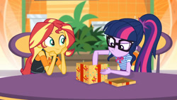 Size: 3410x1920 | Tagged: safe, imported from derpibooru, screencap, sci-twi, sunset shimmer, twilight sparkle, equestria girls, equestria girls series, holidays unwrapped, spoiler:eqg series (season 2), clothes, cutie mark, cutie mark on clothes, dashing through the mall, female, geode of empathy, geode of telekinesis, glasses, high res, jacket, jewelry, leather, leather jacket, magical geodes, necklace, ponytail, smiling